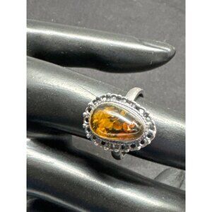 Vintage Sterling Silver Ring With Amber Oval Stone & Decorative Bezel Setting